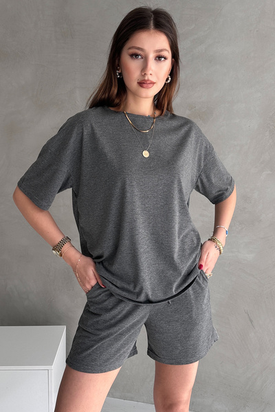 EYYE Anthracite Cotton Oversize T-Shirt Shorts Women's Two Piece Set