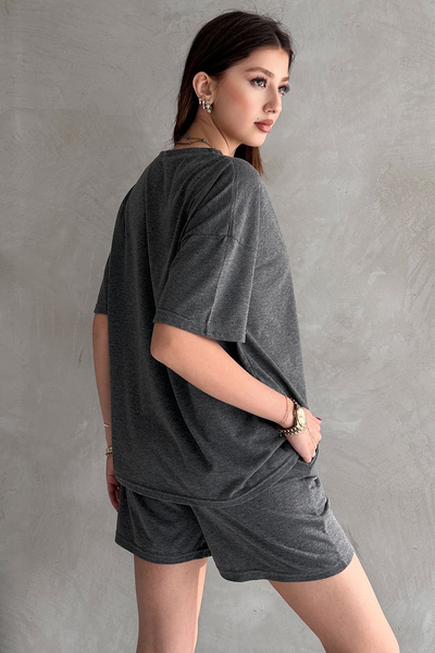 EYYE Anthracite Cotton Oversize T-Shirt Shorts Women's Two Piece Set