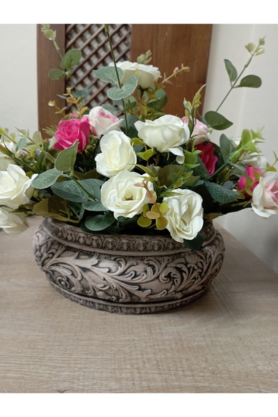 Cennet Home Renkli Gül Bahçesi Aranjmanı Oymalı Antik Desenli Vazoda 30x30 cm Masaüstü Dekoratif Yapay Çiçek
