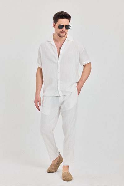 gm giyimarket Men's 100% Linen Shirt-Pants Set
