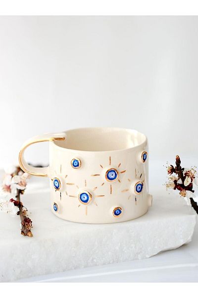 Nazar 24 Carat Gold Decorated, Evil Eye Embossed, Handmade, Evil Eye Mug, Eye Mug, Evil Eye Mug, 220 ml