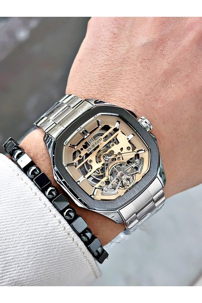 Reward Silver Color Automatic Skeleton Square Model Mechanism Men Wristwatch + Bracelet