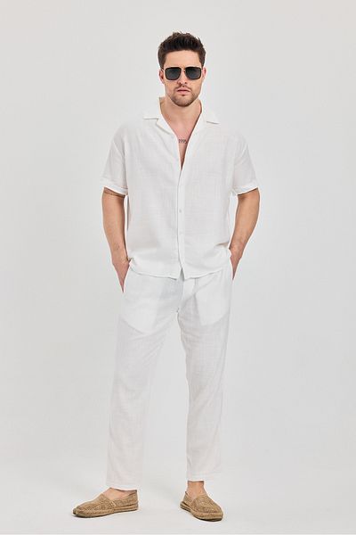 gm giyimarket Men's 100% Linen Shirt-Pants Set