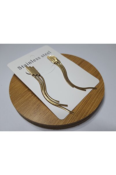 Kaw Üç Merdiven Püsküllü Paslanmaz Çelik GOLD Küpe