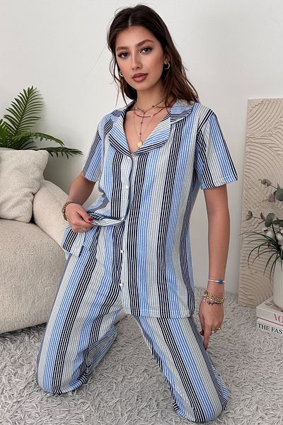 EYYE Set pijamale de damă din bumbac alb albastru