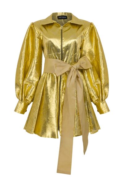 MERT ERKAN Gold Shiny Dress - Balloon Sleeve, Mini Skirt and Front Zipper
