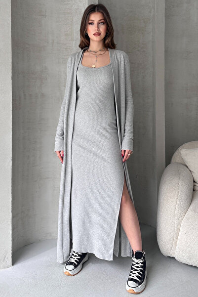 EYYE Gri Melanj Uzun Hırka Uzun Elbise İkili Takım