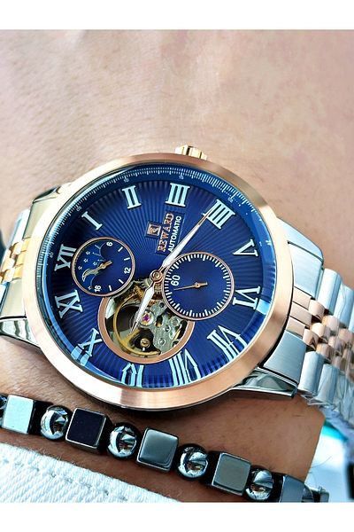 Reward Rose Gold Silver Color Automatic Mechanism Roman Numeral Men Wrist Watch + Bracelet