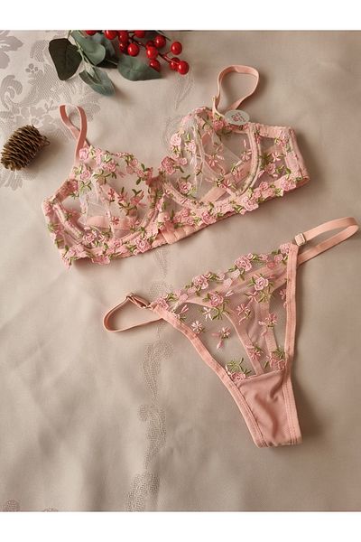 Demirsa Boutique Set bralet cu model crocant din dantelă roz (SUTEN&TANGA)