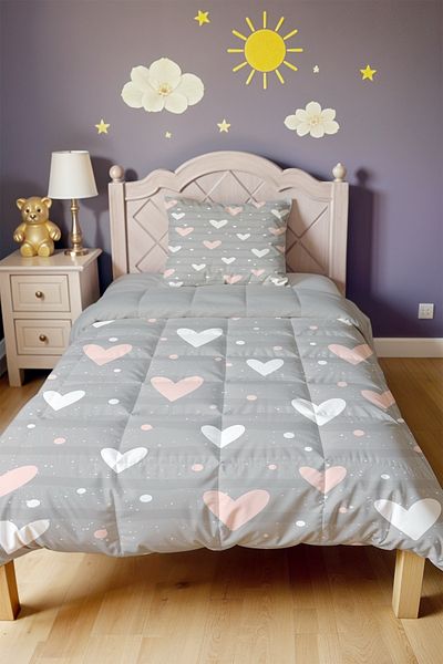 EVPANYA Gray Powder Hearts Patterned Single Quilt and Pillowcase