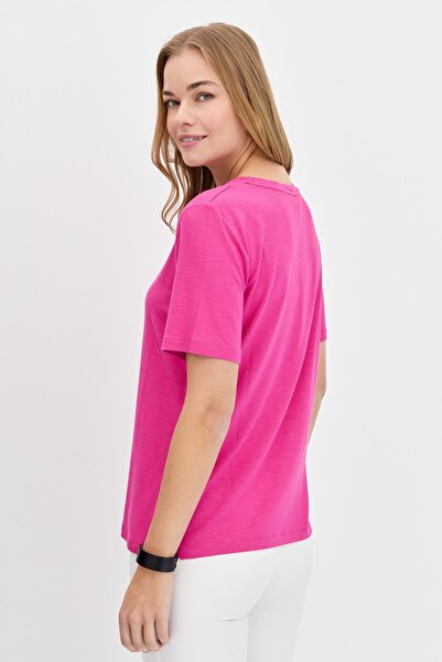 Desen Triko Γυναικείο φούξια μπλουζάκι από χτενισμένο βαμβακερό ύφασμα με λαιμόκοψη