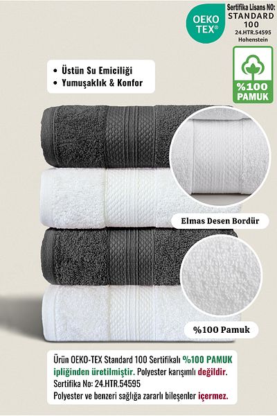 Ellaline 4-Piece Towel Set 100% Cotton Certified, Hand / Face / Kitchen Towel Set Anthracite - White 50X80Cm