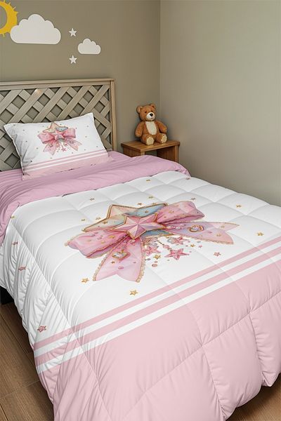 EVPANYA Pink Star Bow Patterned Single Quilt and Pillowcase