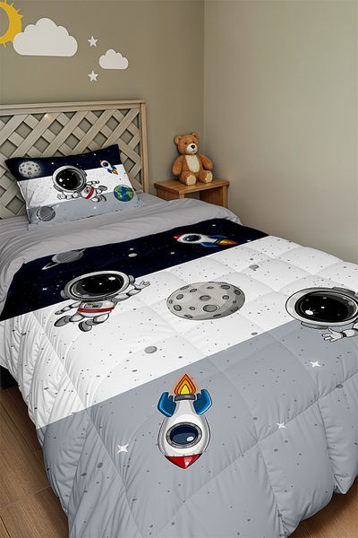EVPANYA Navy Blue Gray Space and Tiny Astonaut Patterned Single Quilt and Pillow Case