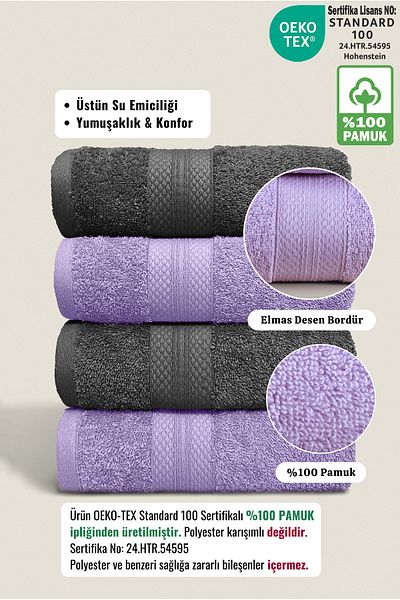 Ellaline 4-Piece Towel Set 100% Cotton Certified, Hand / Face / Kitchen Towel Set Anthracite - Lilac - 50X80Cm