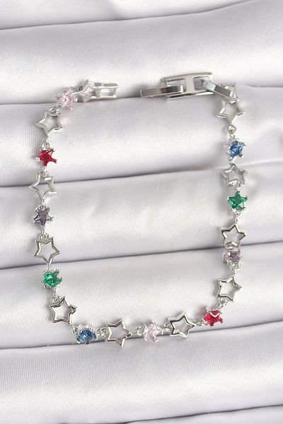 Clariss Brass Silver Color Colorful Zircon Stone Star Model Women's Bracelet