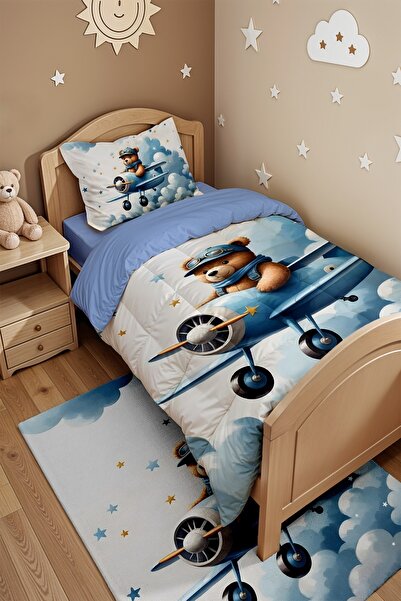 EVPANYA Mavi Uçaklı Ayıcık Desenli Tek Kişilik Yorgan ve Yastık Kılıfı