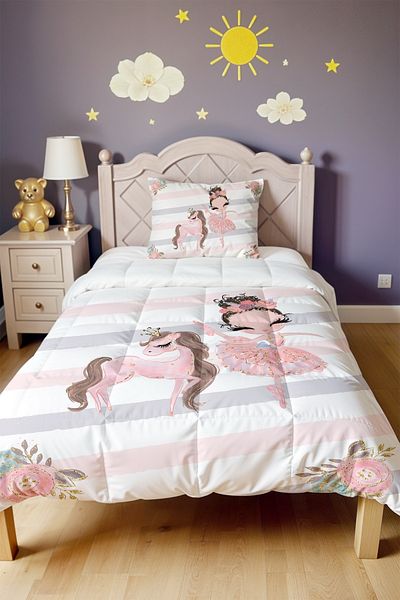EVPANYA Unicorn Horse and Ballerina Princess Patterned Single Quilt and Pillowcase