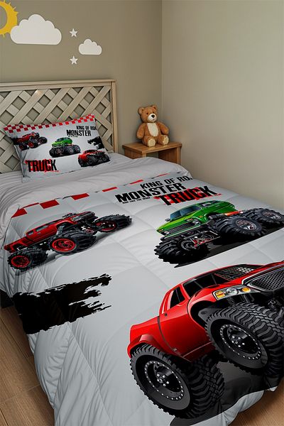 EVPANYA Red Truck Patterned Single Duvet and Pillowcase