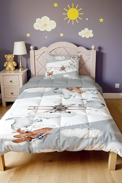 EVPANYA Gray Side Striped Airplanes Patterned Single Quilt and Pillowcase