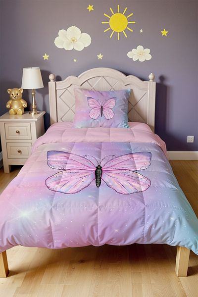 EVPANYA Sparkling Butterfly Patterned Single Quilt and Pillowcase