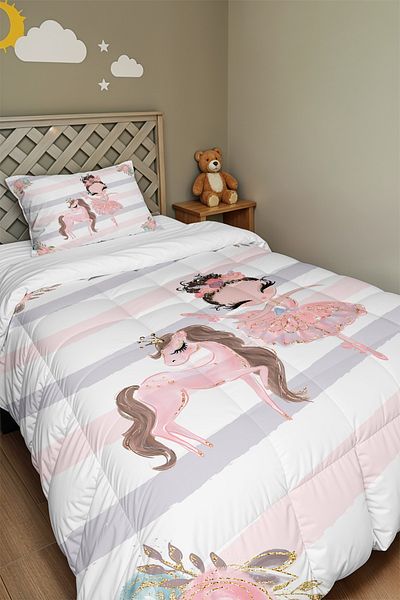 EVPANYA Unicorn Horse and Ballerina Princess Patterned Single Quilt and Pillowcase