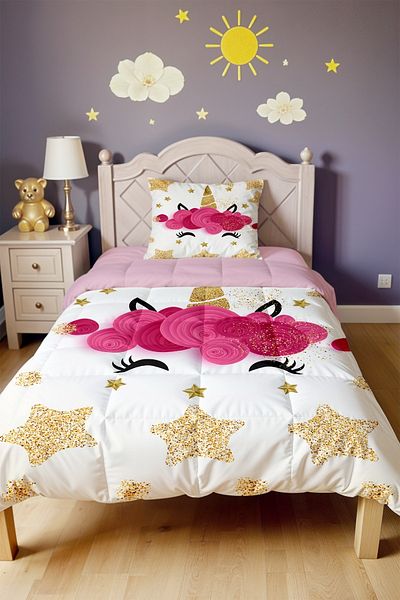 EVPANYA Gold Star Unicorn Patterned Single Duvet and Pillowcase