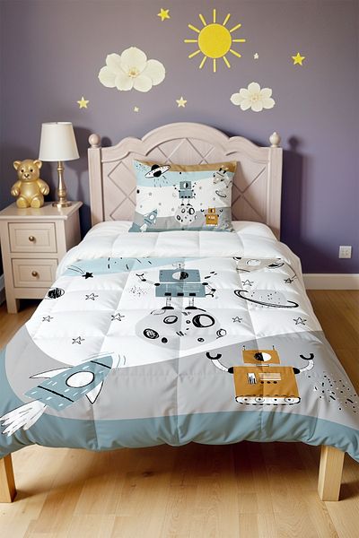 EVPANYA Blue Fun Robot Patterned Single Quilt and Pillowcase