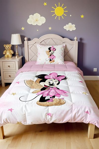 EVPANYA Gold Winged Mickey Patterned Single Quilt and Pillowcase