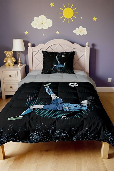 EVPANYA Blue Jersey Crowned Football Player Patterned Single Quilt and Pillowcase