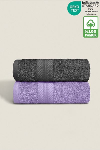 Ellaline 2-Piece Towel Set 100% Cotton Certified, Hand / Face / Kitchen Towel Set Anthracite and Lilac - 50X80Cm