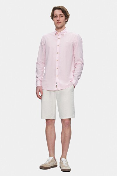 UCLA Ανδρικό πουκάμισο JACQUEZ Candy Pink Λινό Κεντημένο Standard Fit