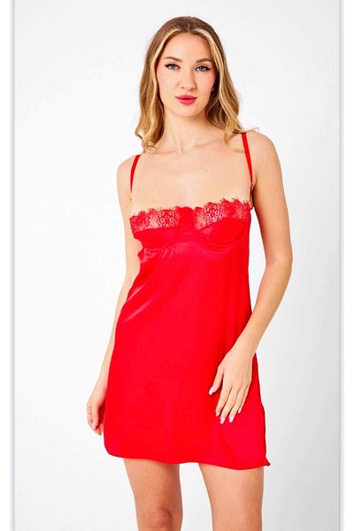 SATTENS SEXY femei satin NIGHTWEAR - Mini rochie de seara decoltata cu detaliu din dantela cu sarma