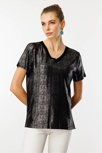 Desen Triko Жіноча футболка з V-подібним вирізом, чорна, з яскравим принтом