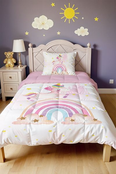 EVPANYA Unicorn Flying in the Rainbow Patterned Single Quilt and Pillowcase