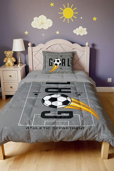 EVPANYA Gray Stadium Goal Written Patterned Single Quilt and Pillowcase