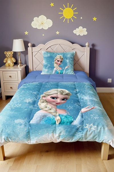 EVPANYA Snowflake Blue Elsa Patterned Single Quilt and Pillowcase