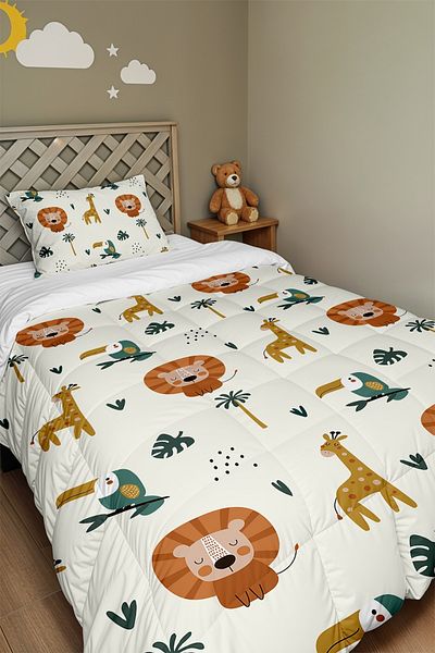 EVPANYA Plain Pastel Colored Safari Patterned Single Quilt and Pillowcase