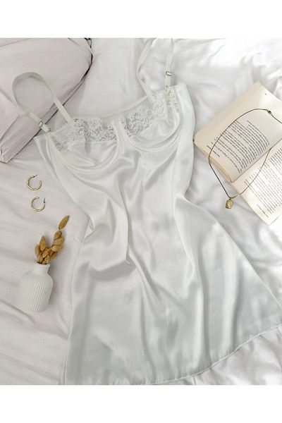 SATTENS SEXY femei satin NIGHTWEAR - Mini rochie de seara decoltata cu detaliu din dantela cu sarma