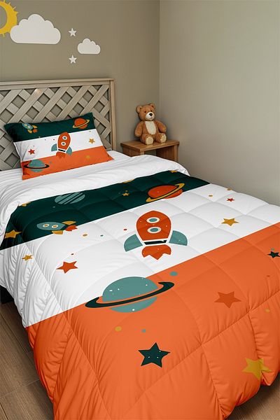 EVPANYA Retro Green Orange Space Vehicles Pattern Single Duvet and Pillowcase