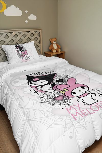EVPANYA Cool Kuromi and Confused My Melody Patterned Single Quilt and Pillowcase