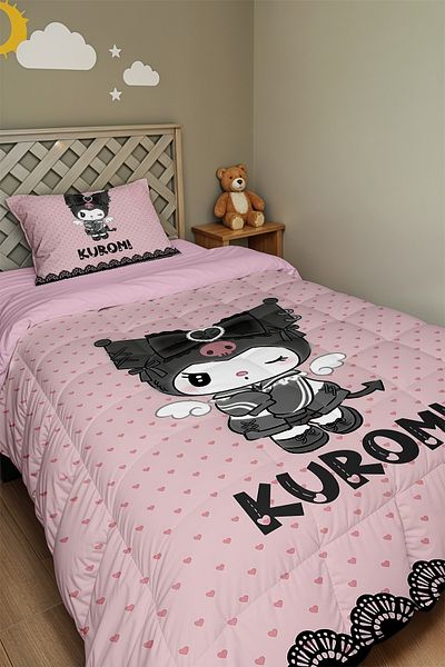 EVPANYA Cuvertură și fată de pernă cu inimi roz și model Kuromi