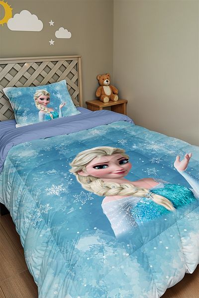 EVPANYA Snowflake Blue Elsa Patterned Single Quilt and Pillowcase