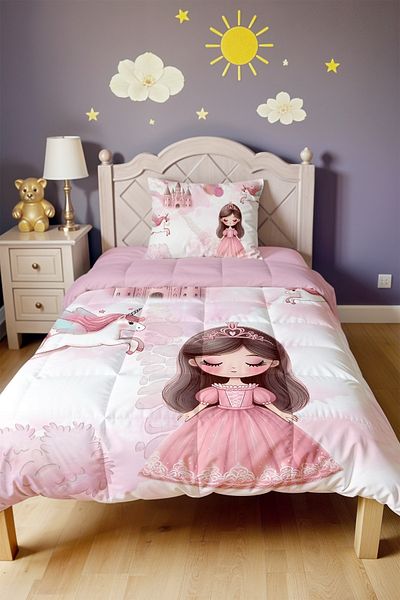 EVPANYA Kaleli Pink Princess Patterned Single Duvet and Pillowcase