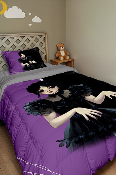 EVPANYA Purple Black Bat Wednesday Addams Patterned Single Quilt and Pillowcase