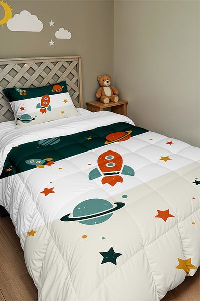 EVPANYA Retro Green Cream Space Vehicles Pattern Single Duvet and Pillowcase