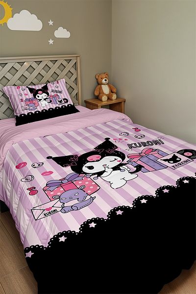 EVPANYA Lilac Striped Partici Kuromi Patterned Single Quilt and Pillowcase