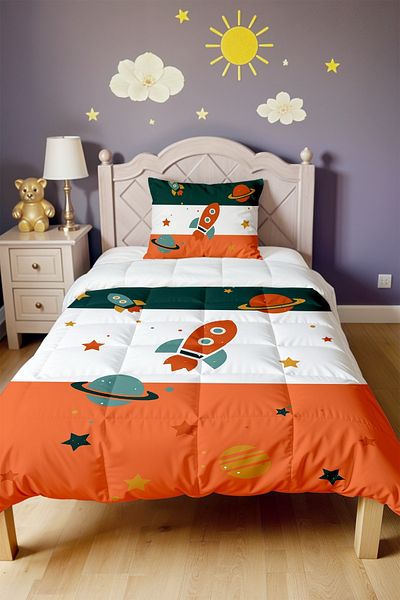 EVPANYA Retro Green Orange Space Vehicles Pattern Single Duvet and Pillowcase