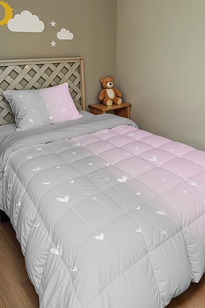 EVPANYA Gray Pink Rope Hearts Patterned Single Quilt and Pillowcase