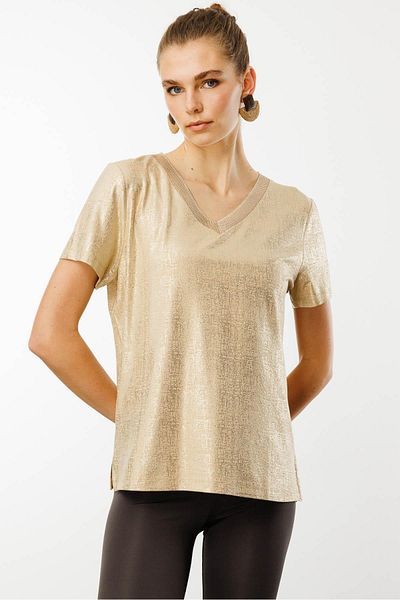Desen Triko Tricou de damă, cu decolteu în V, din bumbac pieptănat, imprimat strălucitor, nurcă